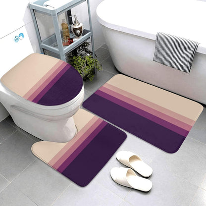 3 Pieces Bath Rug Sets, Light Grey Pink Purple Stripes Non-Slip Absorbent Bathroom Mats with U-Shaped Contour Rug & Toilet Lid Cover