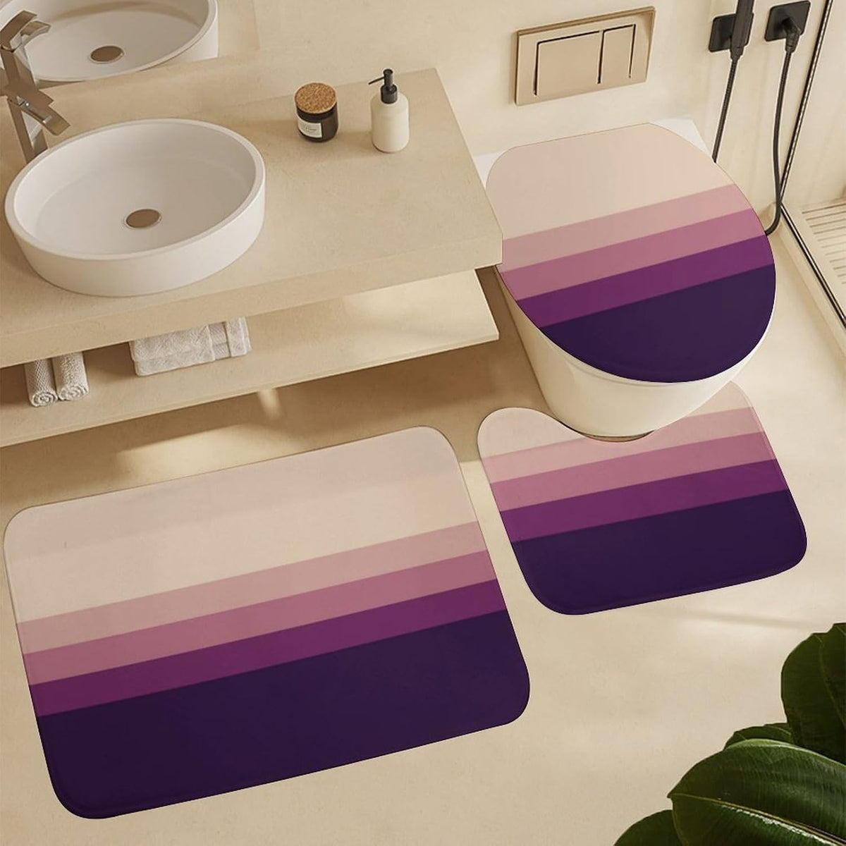 3 Pieces Bath Rug Sets, Light Grey Pink Purple Stripes Non-Slip Absorbent Bathroom Mats with U-Shaped Contour Rug & Toilet Lid Cover