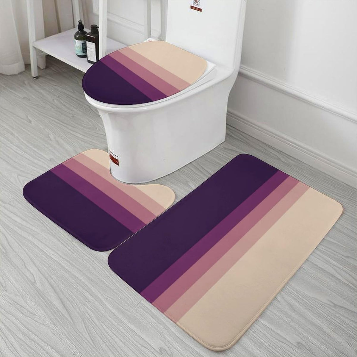 3 Pieces Bath Rug Sets, Light Grey Pink Purple Stripes Non-Slip Absorbent Bathroom Mats with U-Shaped Contour Rug & Toilet Lid Cover