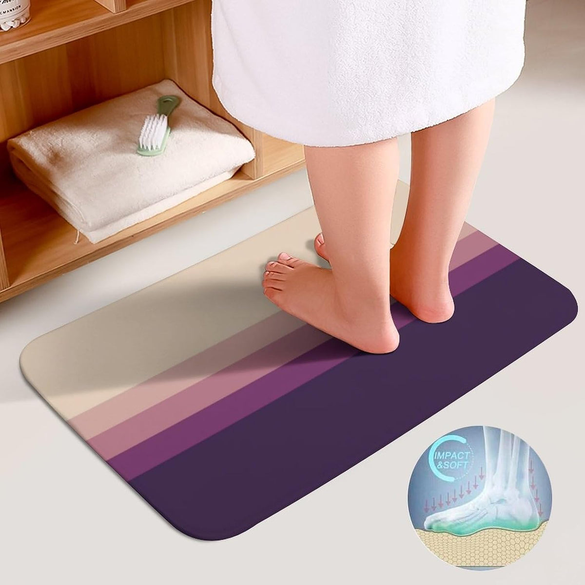 3 Pieces Bath Rug Sets, Light Grey Pink Purple Stripes Non-Slip Absorbent Bathroom Mats with U-Shaped Contour Rug & Toilet Lid Cover