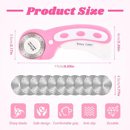 45mm Rotary Cutter with 10 Extra Replacement Blades, with Safety Lock