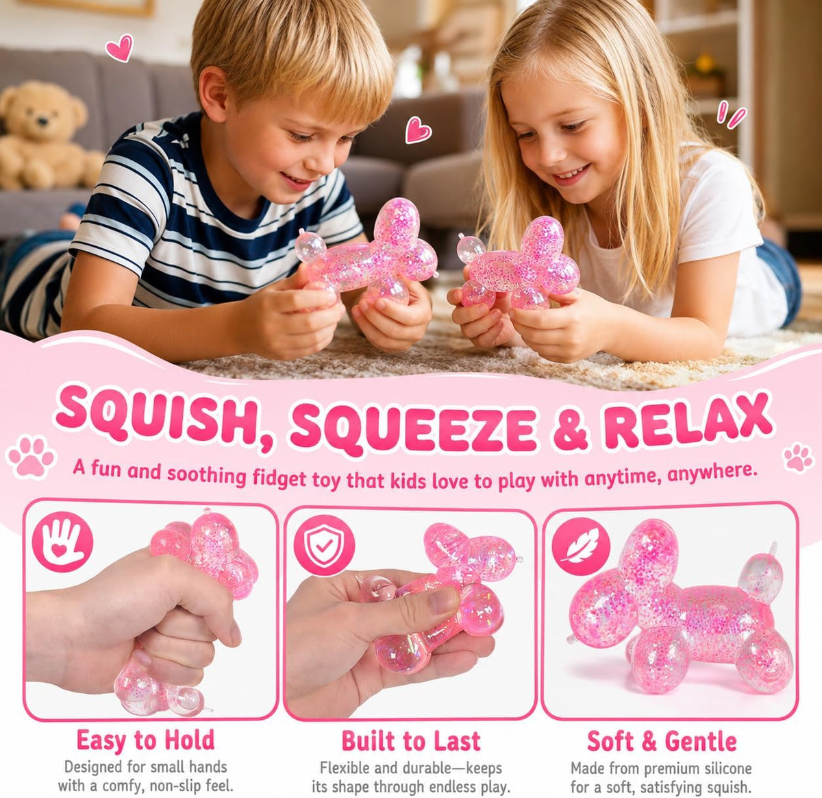 Balloon Dog Squishy Stress Balls, Soft Slow Rising Squishy Fidget Toys, Cute Balloon Animal Sensory Squeeze Toy for Kids Adults Boys Girls Age 3+ (Pink)