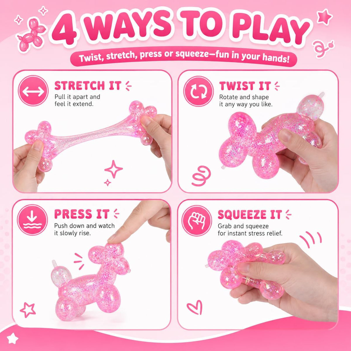 Balloon Dog Squishy Stress Balls, Soft Slow Rising Squishy Fidget Toys, Cute Balloon Animal Sensory Squeeze Toy for Kids Adults Boys Girls Age 3+ (Pink)