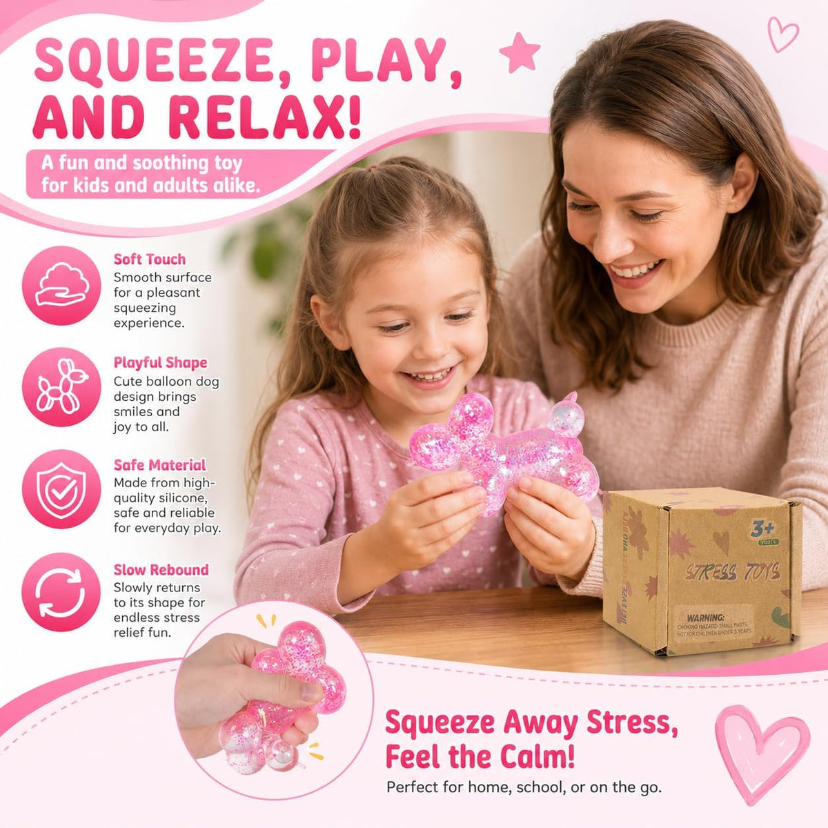 Balloon Dog Squishy Stress Balls, Soft Slow Rising Squishy Fidget Toys, Cute Balloon Animal Sensory Squeeze Toy for Kids Adults Boys Girls Age 3+ (Pink)