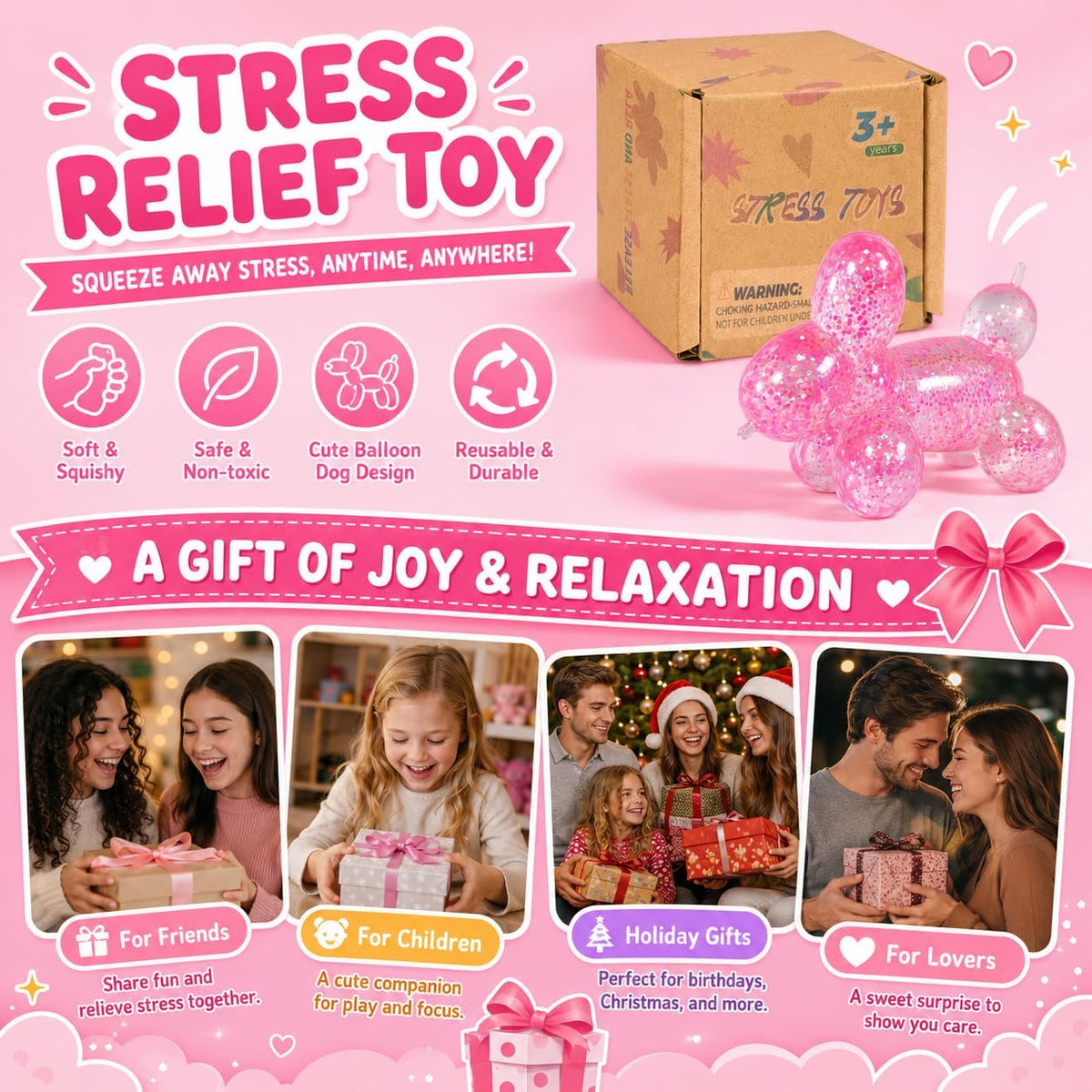 Balloon Dog Squishy Stress Balls, Soft Slow Rising Squishy Fidget Toys, Cute Balloon Animal Sensory Squeeze Toy for Kids Adults Boys Girls Age 3+ (Pink)