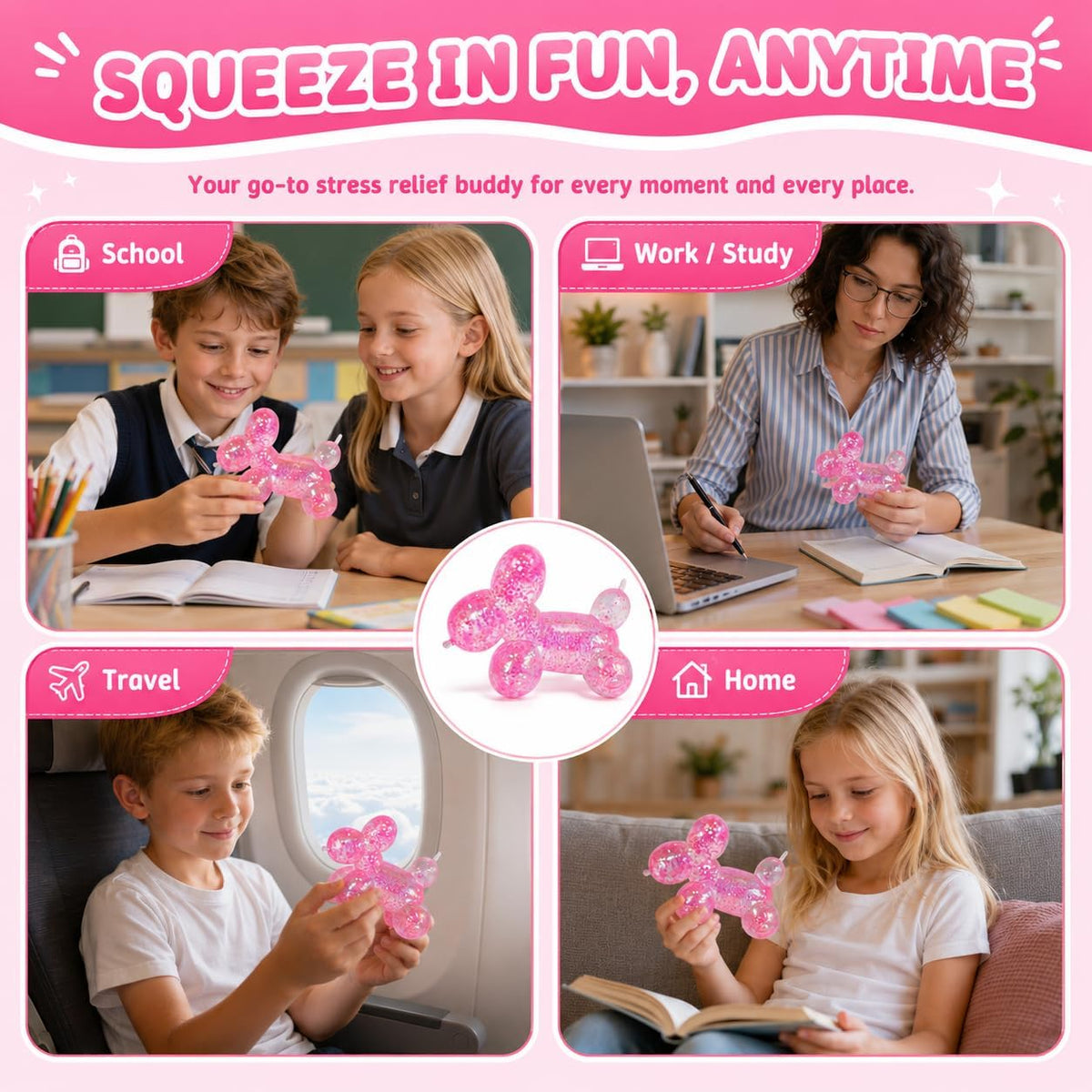 Balloon Dog Squishy Stress Balls, Soft Slow Rising Squishy Fidget Toys, Cute Balloon Animal Sensory Squeeze Toy for Kids Adults Boys Girls Age 3+ (Pink)