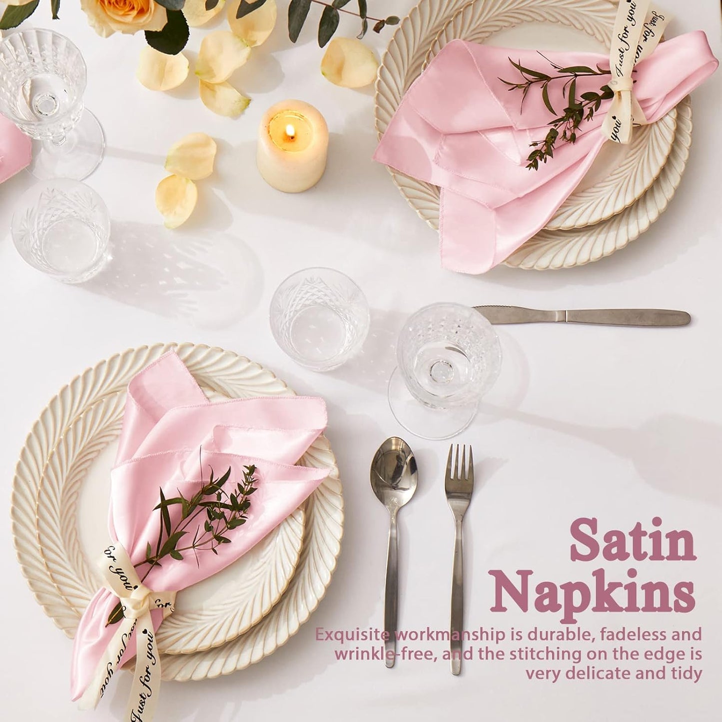 12 Pack Satin Table Cloth Napkins, 17x17 Inch Blush Pink Silky Wedding Napkins Cloth Washable, Luxury Dining Table Cloth Napkins Set for Birthday Holiday Party Dinner Restaurant