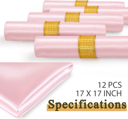 12 Pack Satin Table Cloth Napkins, 17x17 Inch Blush Pink Silky Wedding Napkins Cloth Washable, Luxury Dining Table Cloth Napkins Set for Birthday Holiday Party Dinner Restaurant