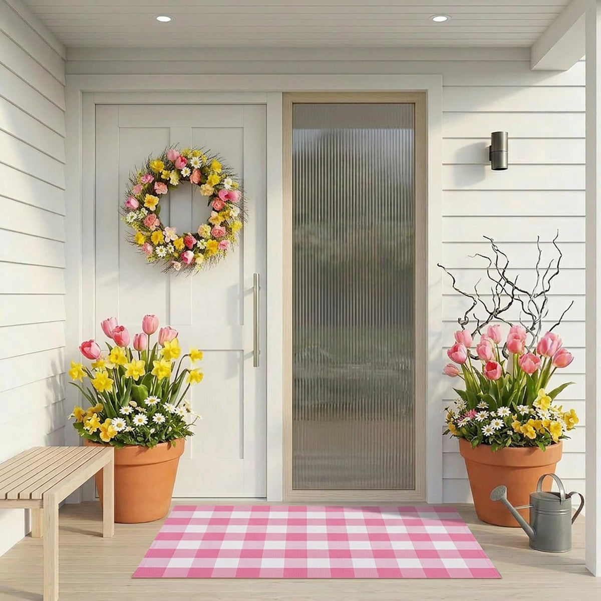 Buffalo Plaid Area Rug, Checkered Rug 3x5 Ft, Pink and White Rug, Washable Cotton Mat for Front Porch, Entryway, Kitchen, Living Room, Home Decor