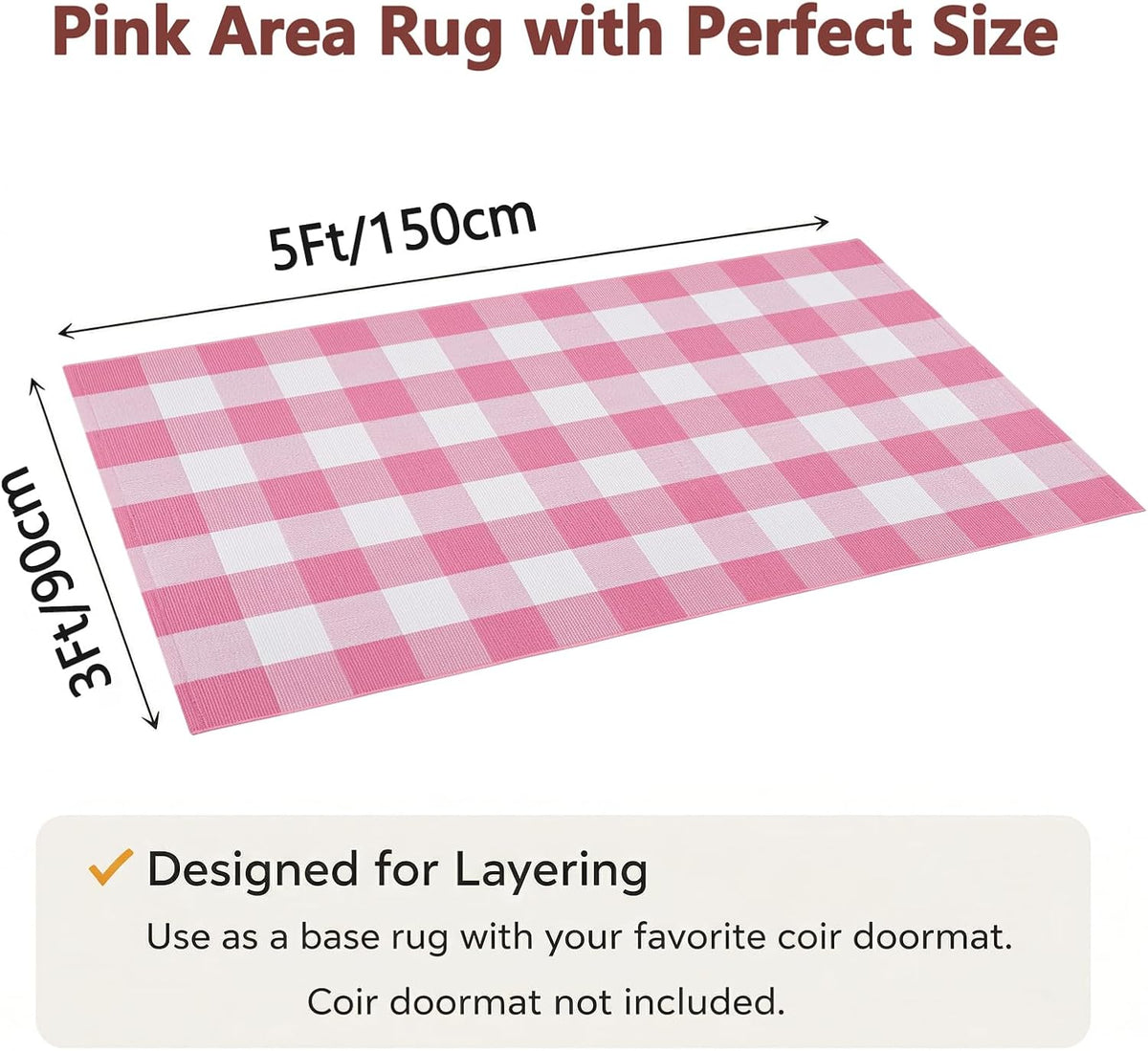 Buffalo Plaid Area Rug, Checkered Rug 3x5 Ft, Pink and White Rug, Washable Cotton Mat for Front Porch, Entryway, Kitchen, Living Room, Home Decor