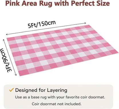 Buffalo Plaid Area Rug, Checkered Rug 3x5 Ft, Pink and White Rug, Washable Cotton Mat for Front Porch, Entryway, Kitchen, Living Room, Home Decor