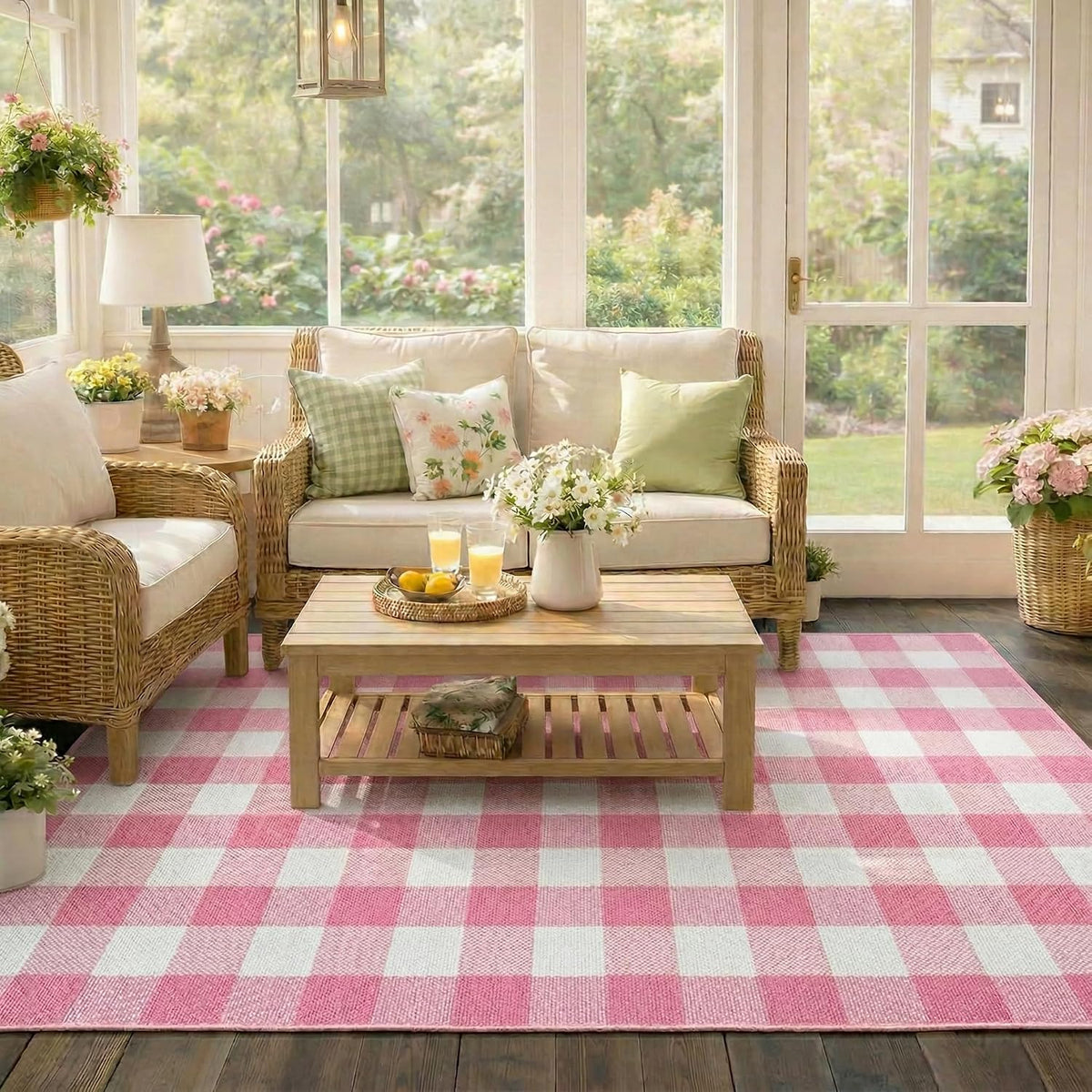Buffalo Plaid Area Rug, Checkered Rug 3x5 Ft, Pink and White Rug, Washable Cotton Mat for Front Porch, Entryway, Kitchen, Living Room, Home Decor
