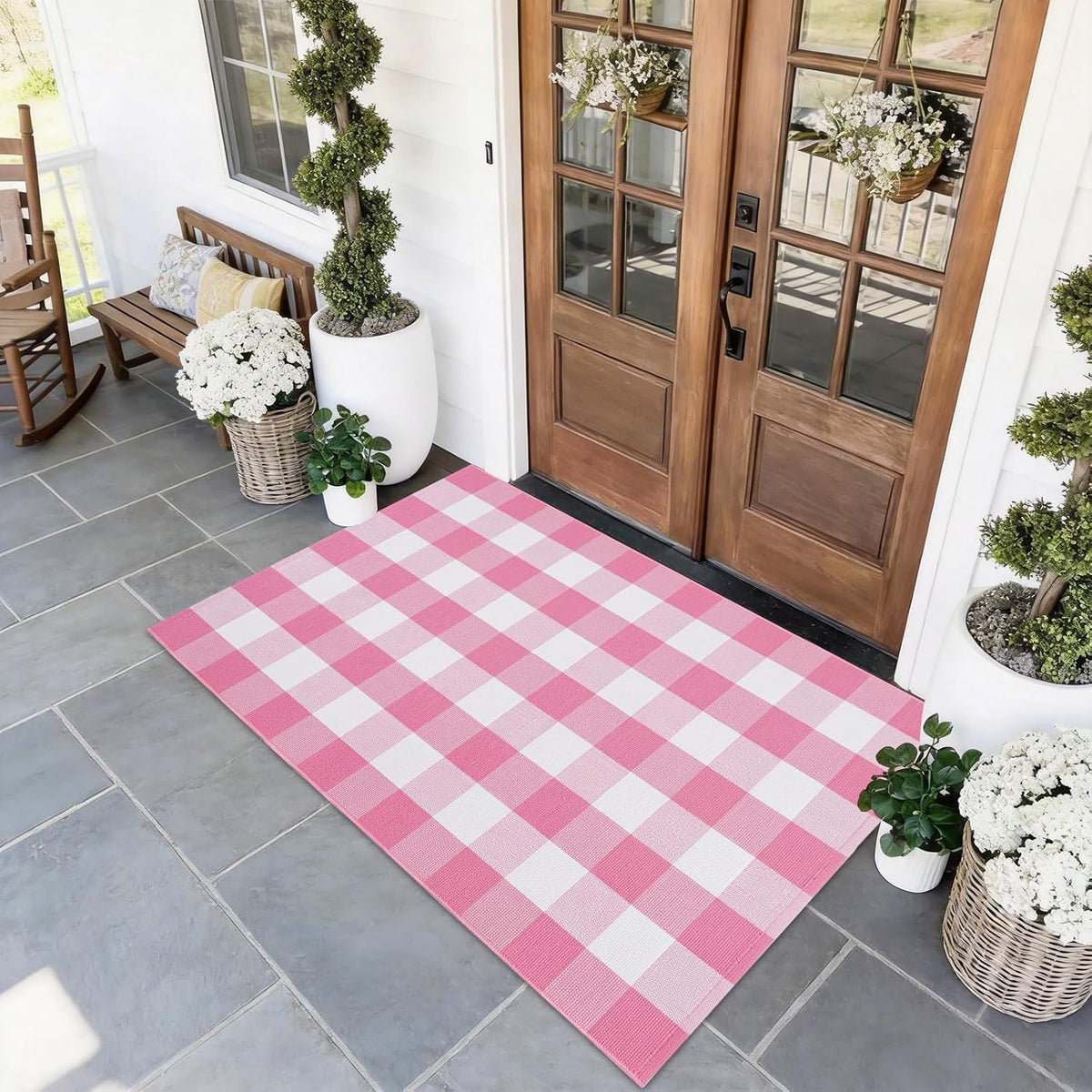 Buffalo Plaid Area Rug, Checkered Rug 3x5 Ft, Pink and White Rug, Washable Cotton Mat for Front Porch, Entryway, Kitchen, Living Room, Home Decor