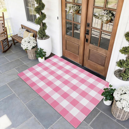 Buffalo Plaid Area Rug, Checkered Rug 3x5 Ft, Pink and White Rug, Washable Cotton Mat for Front Porch, Entryway, Kitchen, Living Room, Home Decor