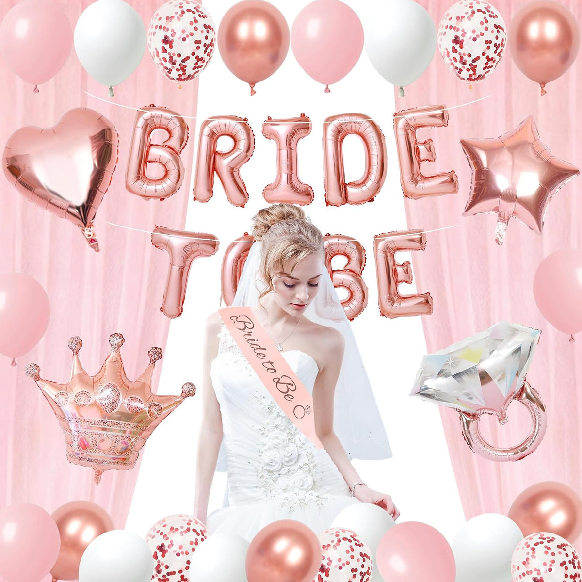 Bachelorette Party Decorations Pink Bridal Shower Banner, Confetti Balloons, Bride To Be Sash&Veil for Women Bachelorette Party Gifts Bridal Shower Decorations Bride To Be Decor
