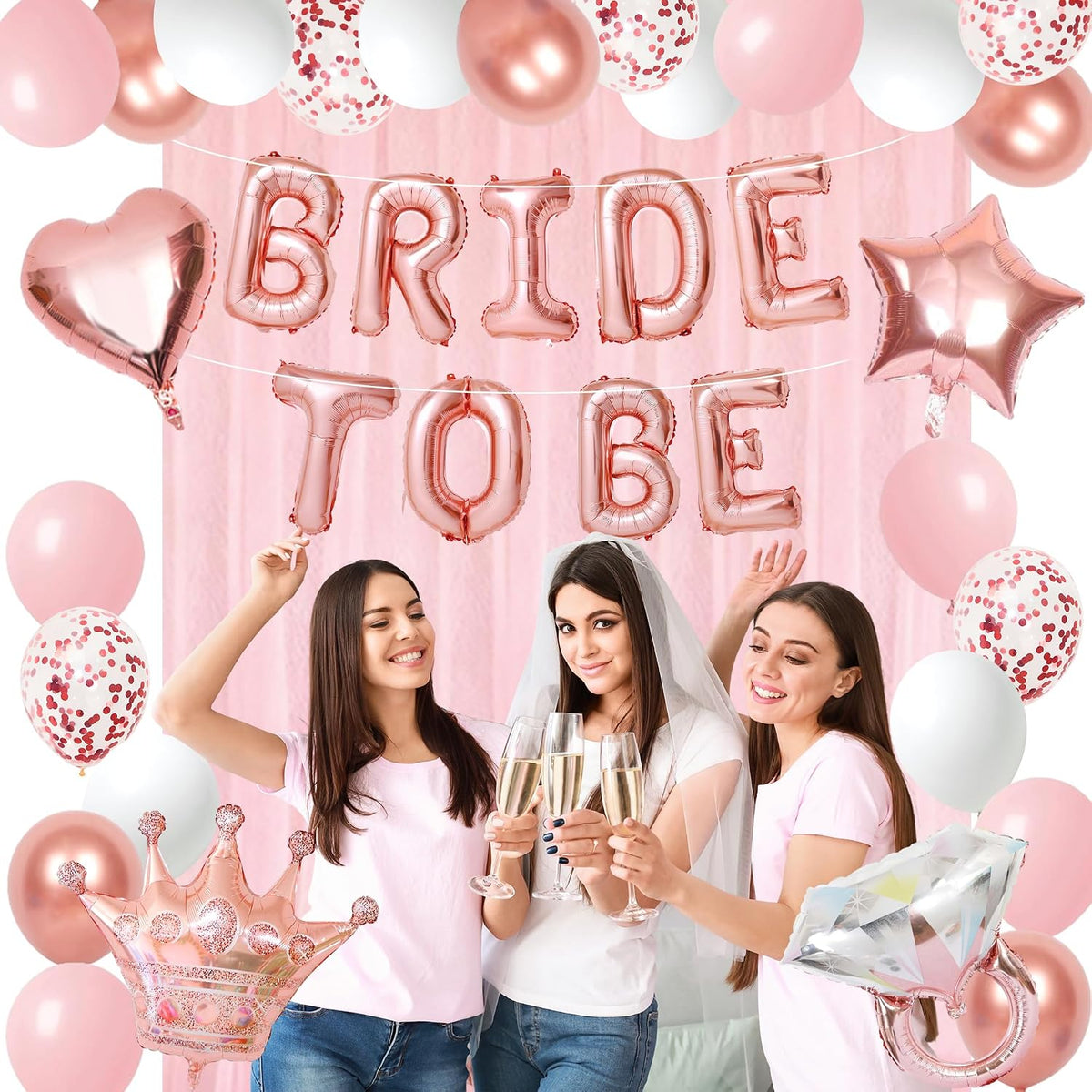 Bachelorette Party Decorations Pink Bridal Shower Banner, Confetti Balloons, Bride To Be Sash&Veil for Women Bachelorette Party Gifts Bridal Shower Decorations Bride To Be Decor
