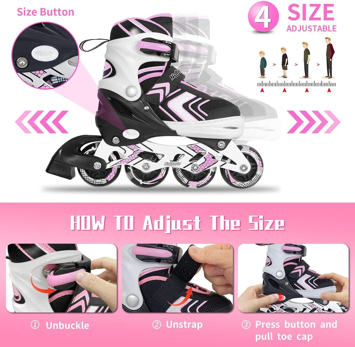 Adjustable Inline Skates for Girls and Boys with Full Light up Wheels, Beginner Roller Skates for Kids Youth Purple Pink Blue Black