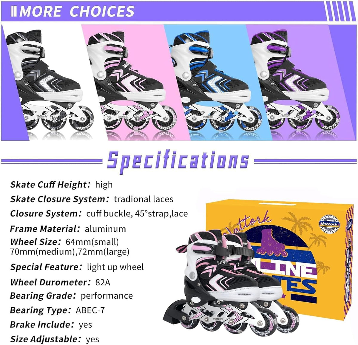 Adjustable Inline Skates for Girls and Boys with Full Light up Wheels, Beginner Roller Skates for Kids Youth Purple Pink Blue Black