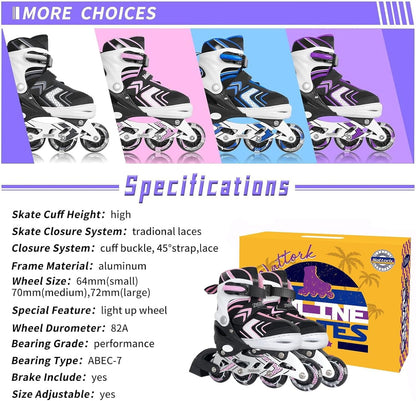 Adjustable Inline Skates for Girls and Boys with Full Light up Wheels, Beginner Roller Skates for Kids Youth Purple Pink Blue Black