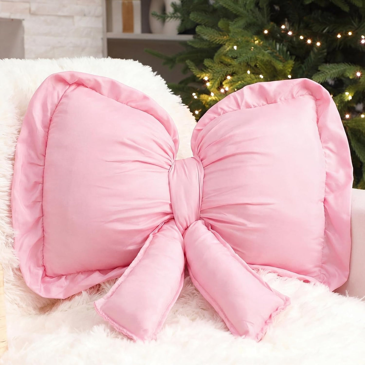 Bow Pillow 18x16 Inch Pink, Large Christmas Throw Cushion