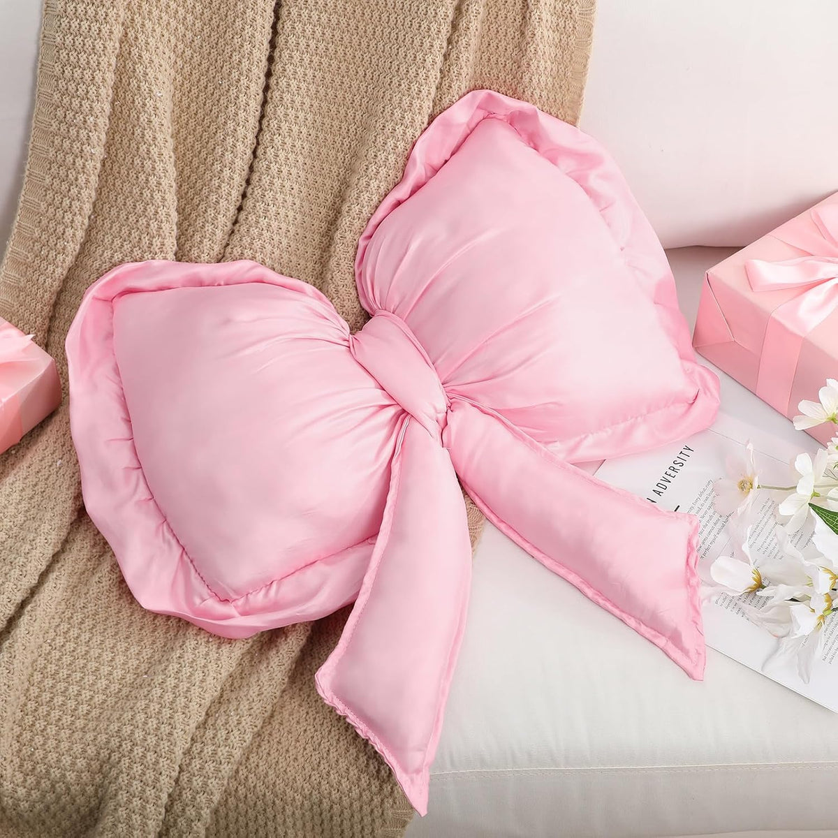 Bow Pillow 18x16 Inch Pink, Large Christmas Throw Cushion