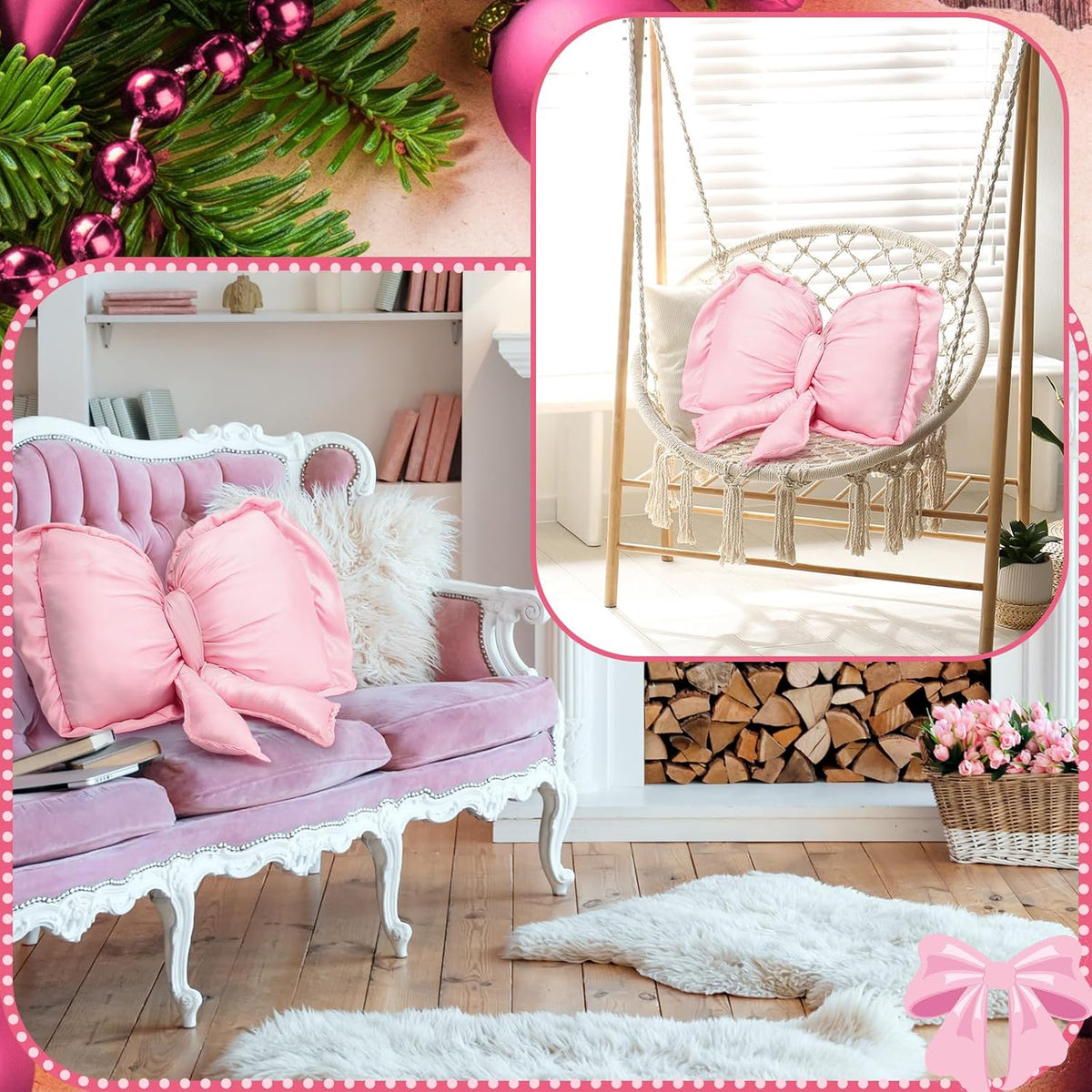 Bow Pillow 18x16 Inch Pink, Large Christmas Throw Cushion