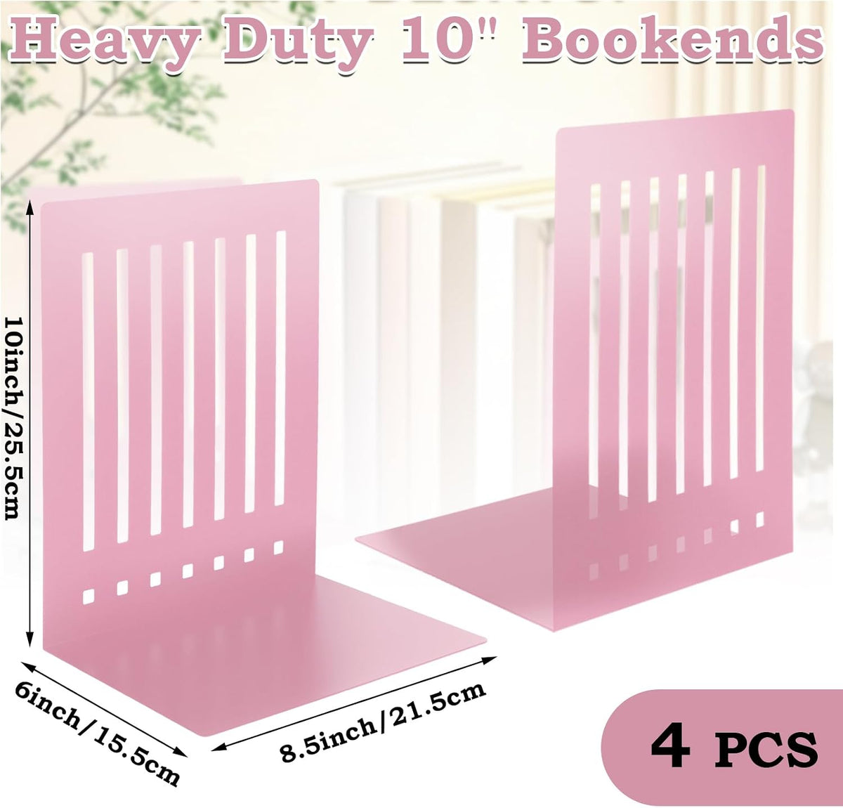 4 Pcs 10 Inch Heavy Duty Bookends Non-Skid Base, Pink
