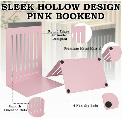 4 Pcs 10 Inch Heavy Duty Bookends Non-Skid Base, Pink
