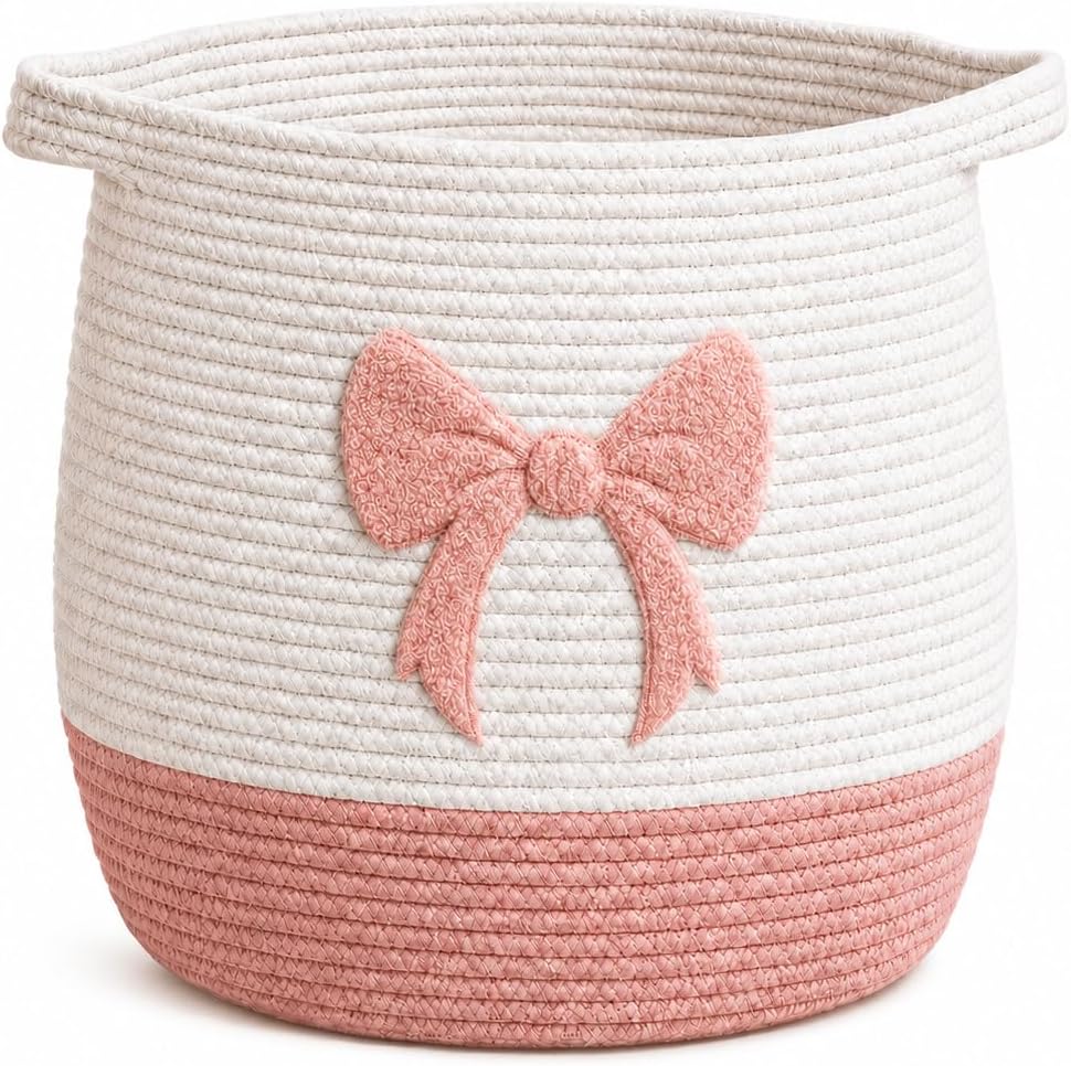 Pink Bow Baby Laundry Basket, Cotton Rope Nursery Hamper with Handles