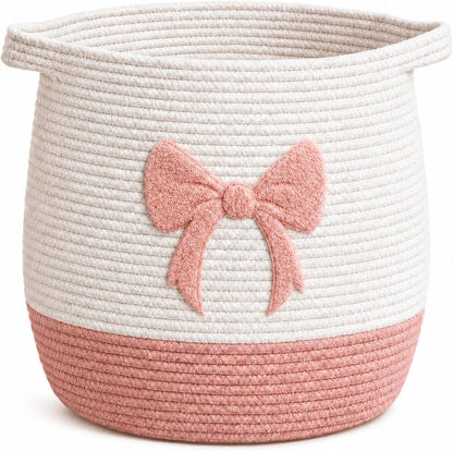 Pink Bow Baby Laundry Basket, Cotton Rope Nursery Hamper with Handles