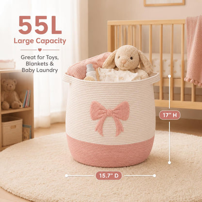 Pink Bow Baby Laundry Basket, Cotton Rope Nursery Hamper with Handles