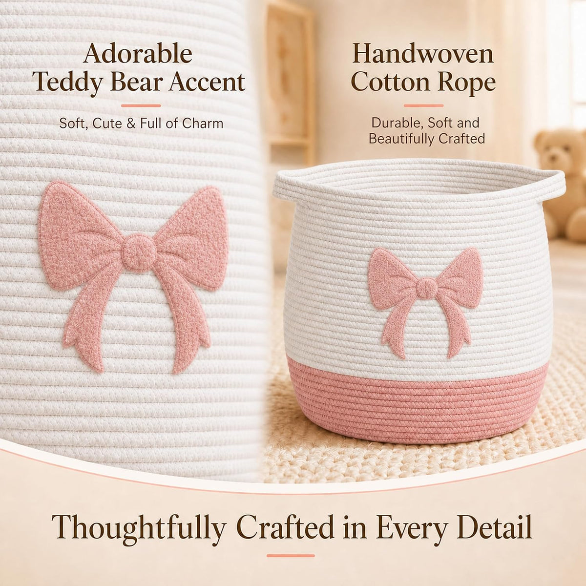 Pink Bow Baby Laundry Basket, Cotton Rope Nursery Hamper with Handles
