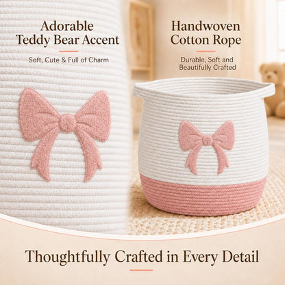 Pink Bow Baby Laundry Basket, Cotton Rope Nursery Hamper with Handles
