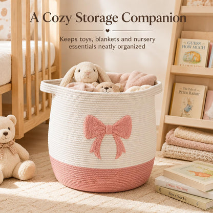 Pink Bow Baby Laundry Basket, Cotton Rope Nursery Hamper with Handles