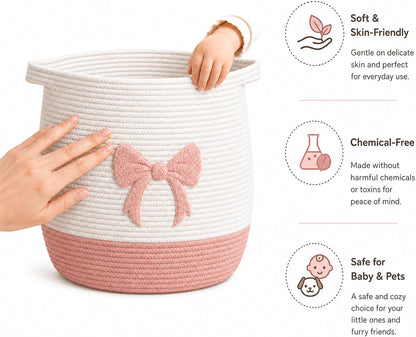 Pink Bow Baby Laundry Basket, Cotton Rope Nursery Hamper with Handles