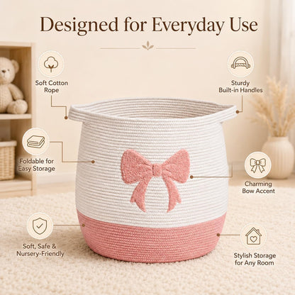 Pink Bow Baby Laundry Basket, Cotton Rope Nursery Hamper with Handles