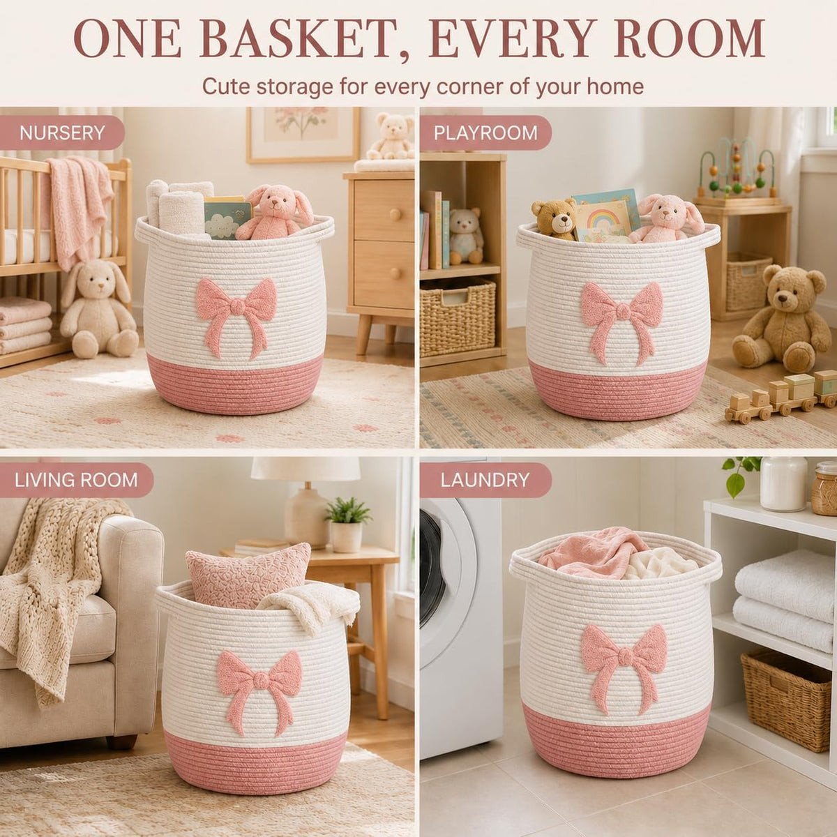 Pink Bow Baby Laundry Basket, Cotton Rope Nursery Hamper with Handles