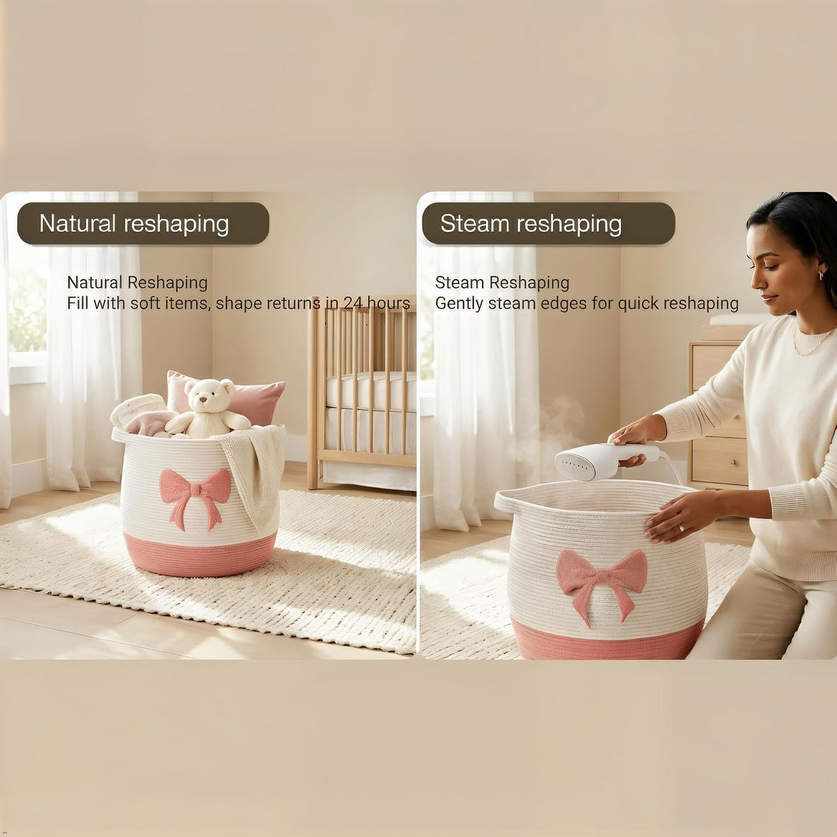 Pink Bow Baby Laundry Basket, Cotton Rope Nursery Hamper with Handles