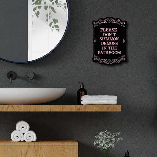 Gothic Bathroom Wall Decor Wooden Sign, Pink Witchy Funny Bathroom Art, “Please Do Not Summon Demons in the Bathroom” Humor Wall Hanging, Horror Vintage Decor, 7 x 10 Inch