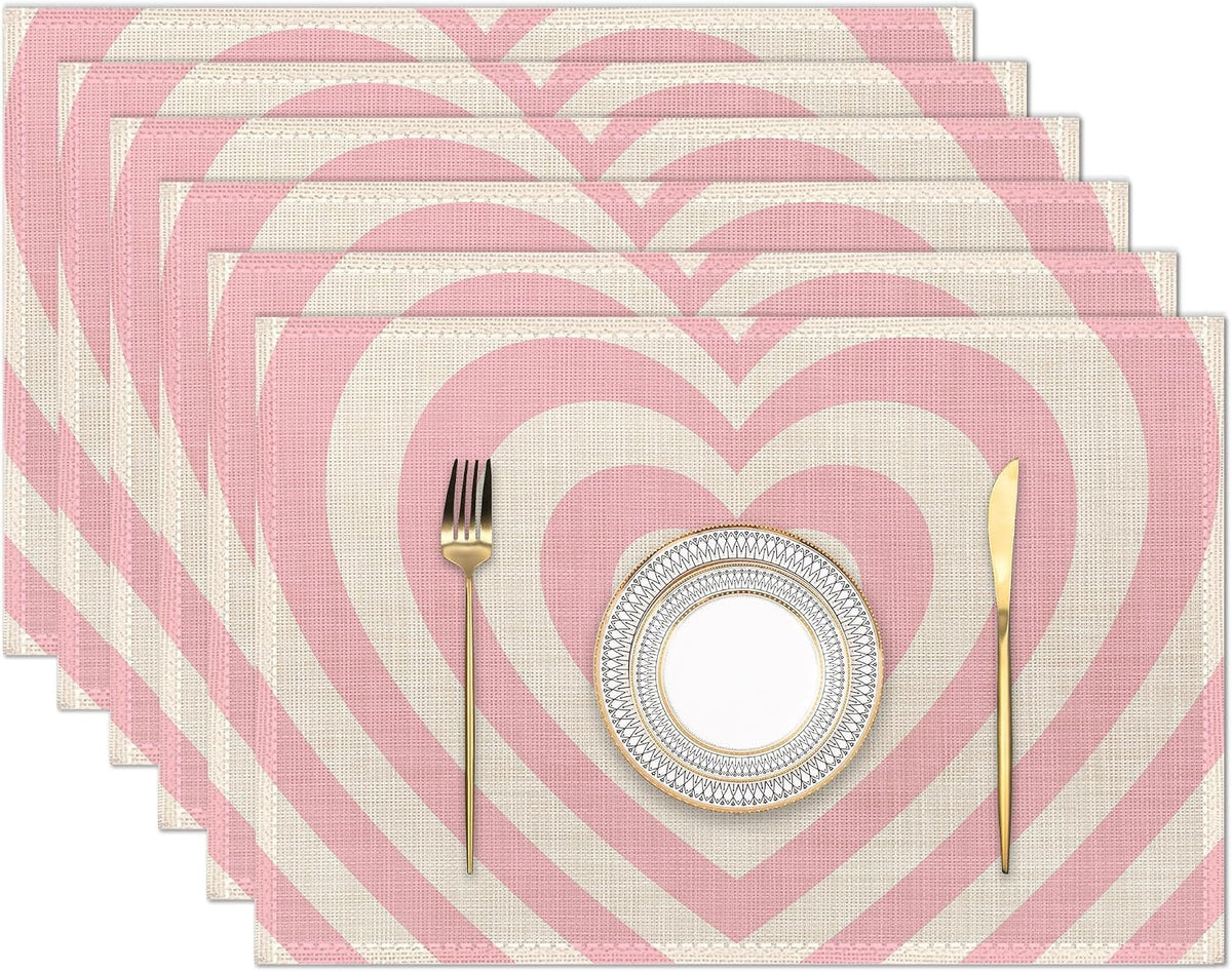 Heart Pink Groovy Placemats Set of 6 Place Mats for Kitchen Table Washable Farmhouse Linen Table Mats Dining Decoration 12x18 Inch