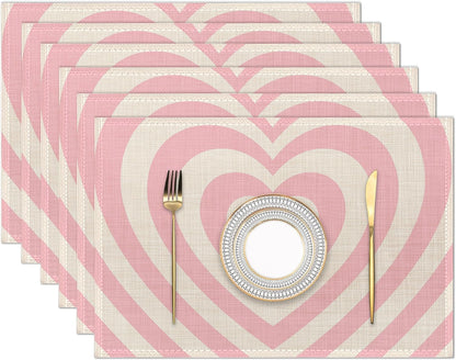 Heart Pink Groovy Placemats Set of 6 Place Mats for Kitchen Table Washable Farmhouse Linen Table Mats Dining Decoration 12x18 Inch