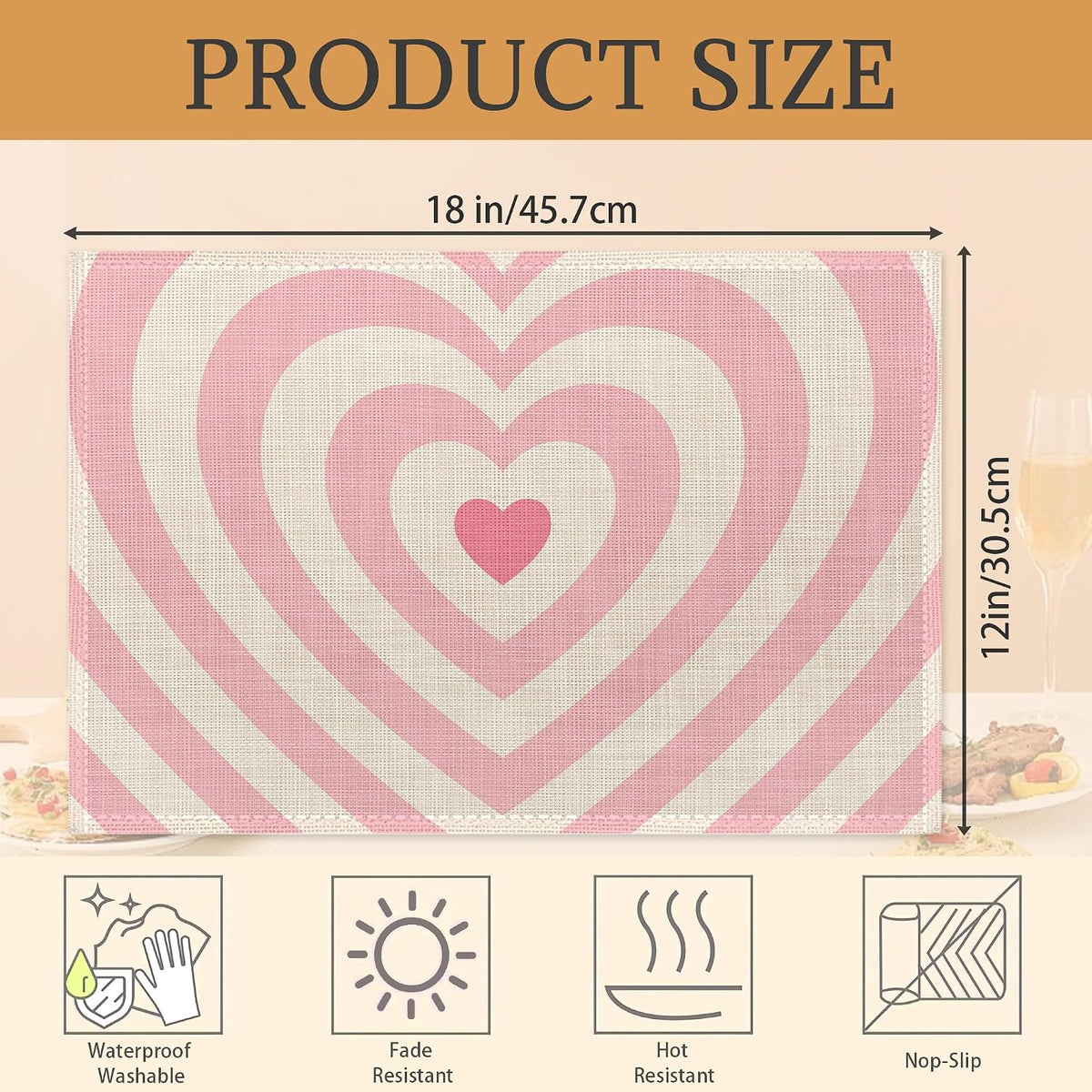 Heart Pink Groovy Placemats Set of 6 Place Mats for Kitchen Table Washable Farmhouse Linen Table Mats Dining Decoration 12x18 Inch