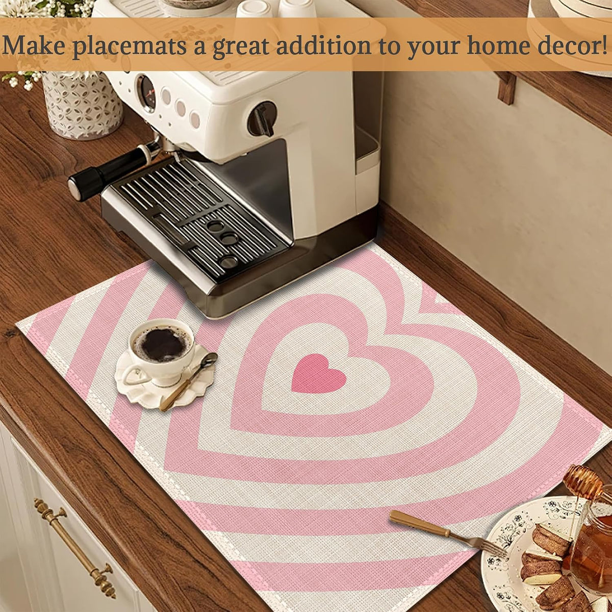 Heart Pink Groovy Placemats Set of 6 Place Mats for Kitchen Table Washable Farmhouse Linen Table Mats Dining Decoration 12x18 Inch