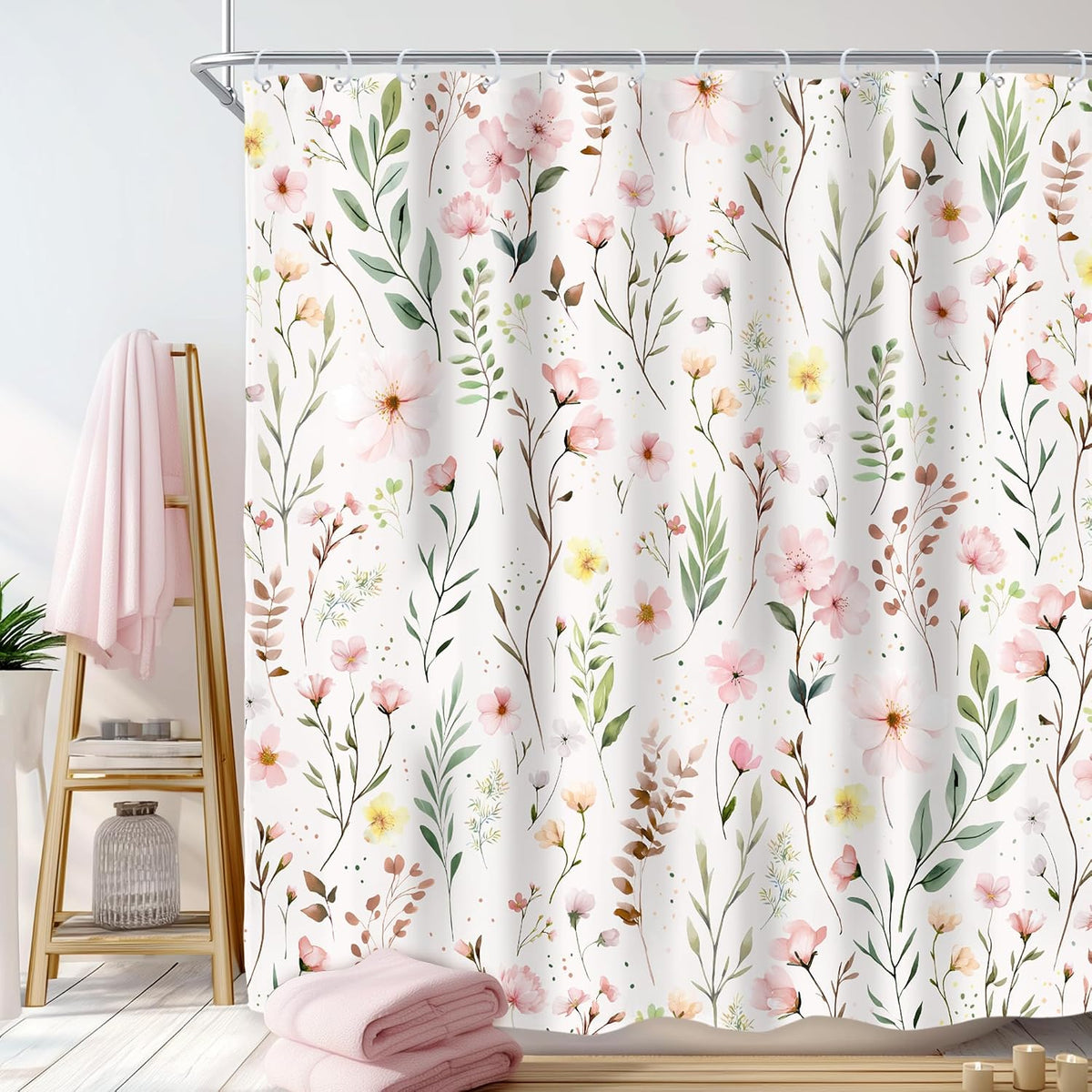 Pink Floral Flower Leaves Spring Botanical Bathroom Shower Curtain Set