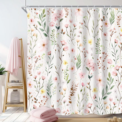 Pink Floral Flower Leaves Spring Botanical Bathroom Shower Curtain Set