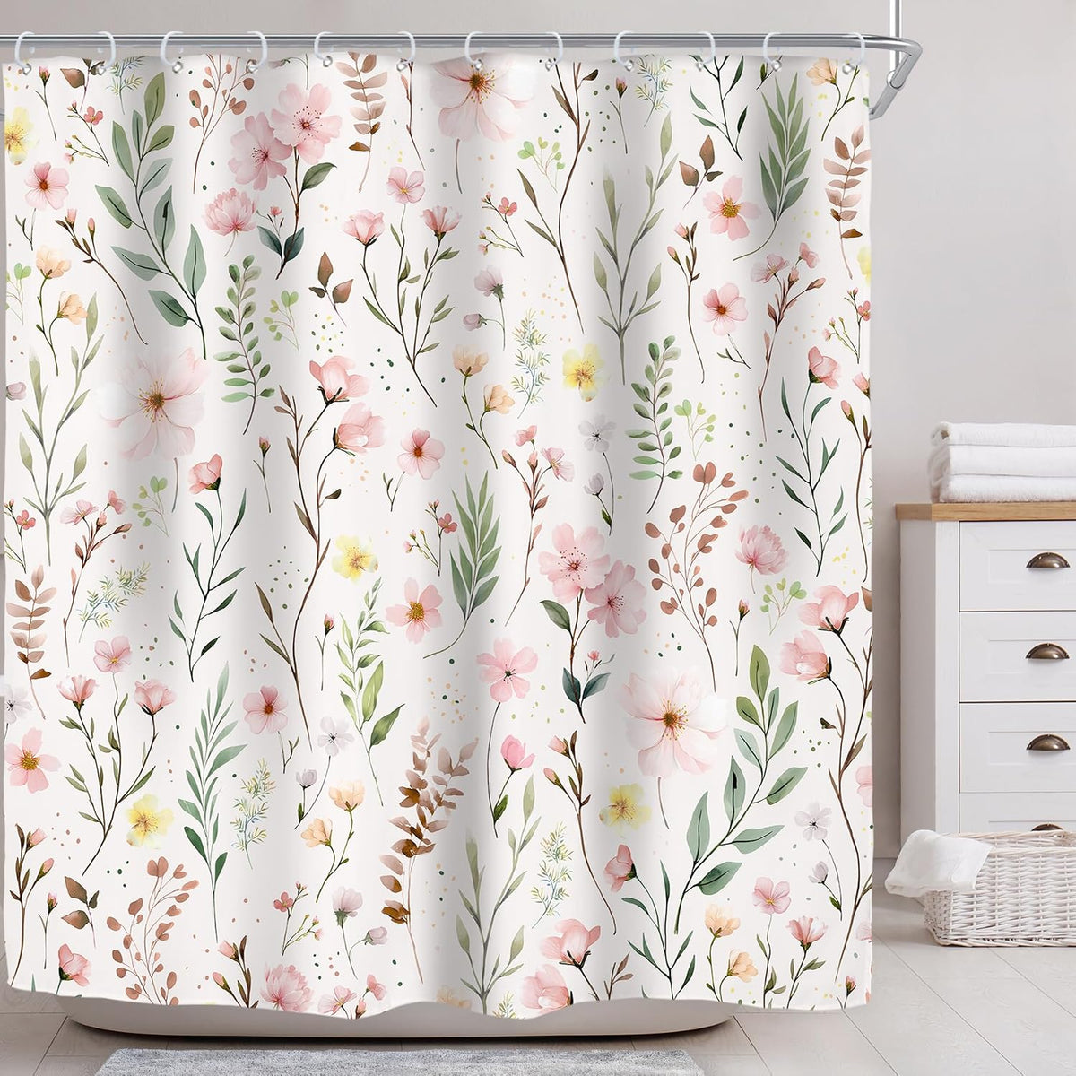 Pink Floral Flower Leaves Spring Botanical Bathroom Shower Curtain Set