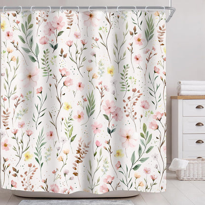 Pink Floral Flower Leaves Spring Botanical Bathroom Shower Curtain Set