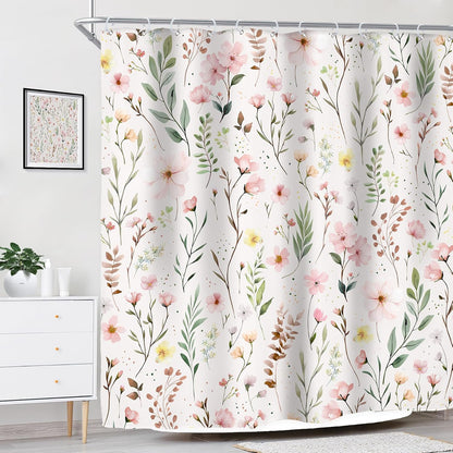 Pink Floral Flower Leaves Spring Botanical Bathroom Shower Curtain Set