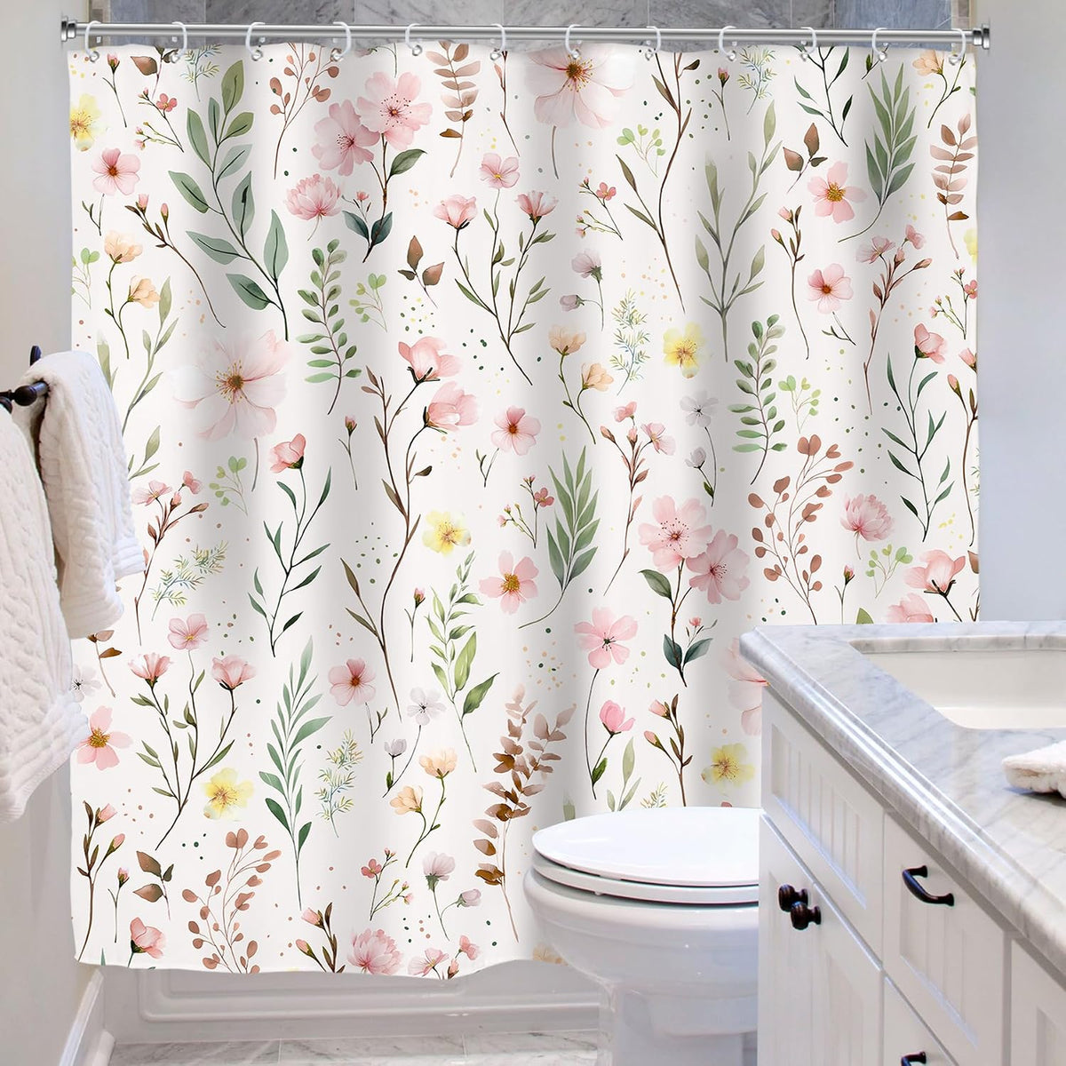 Pink Floral Flower Leaves Spring Botanical Bathroom Shower Curtain Set