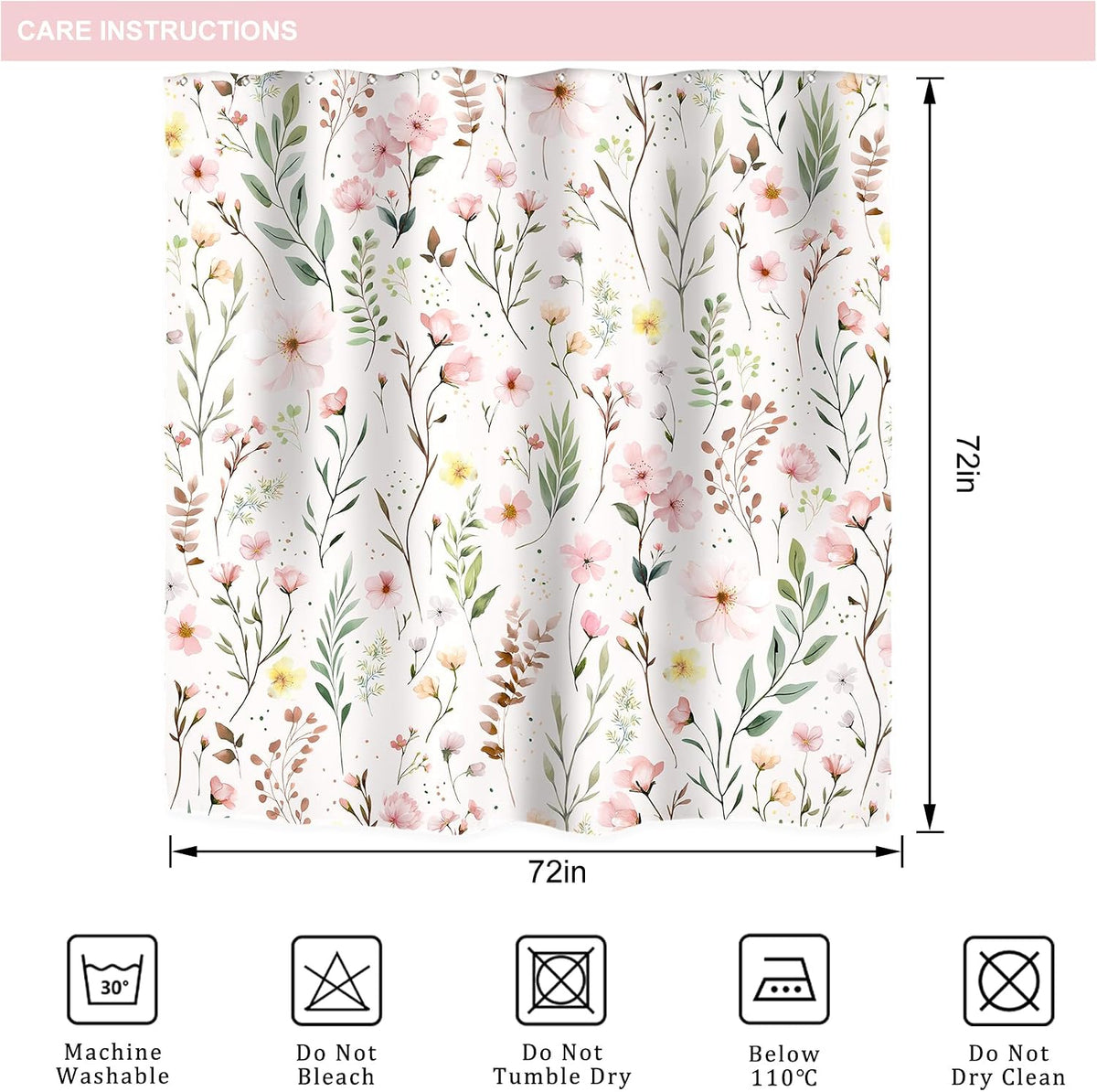 Pink Floral Flower Leaves Spring Botanical Bathroom Shower Curtain Set